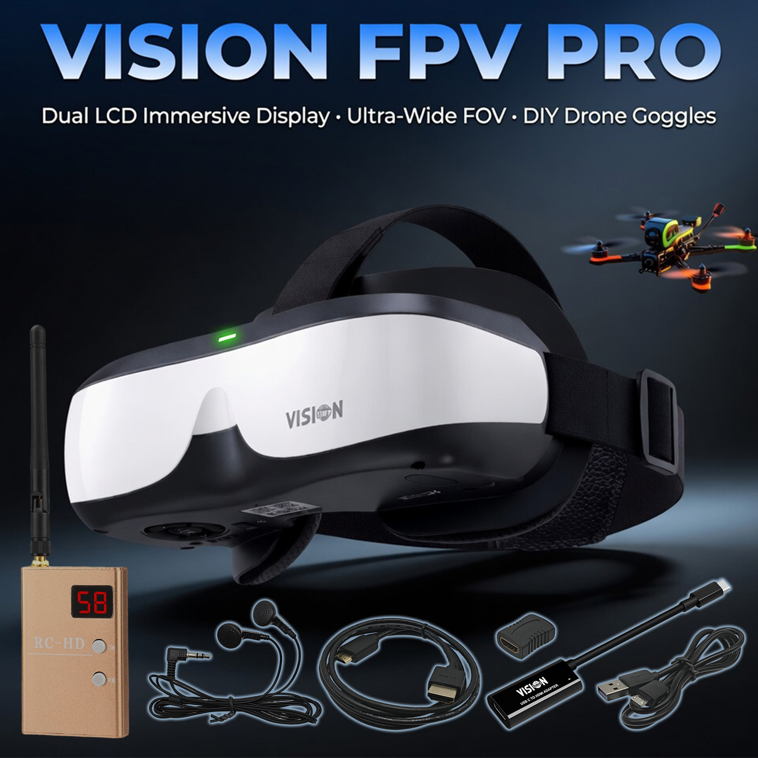 Fpv Drone Goggles - FPV-Brille, Kopfmontiertes Display, Analoger Videoempfänger, Einsteiger-Flughelm,